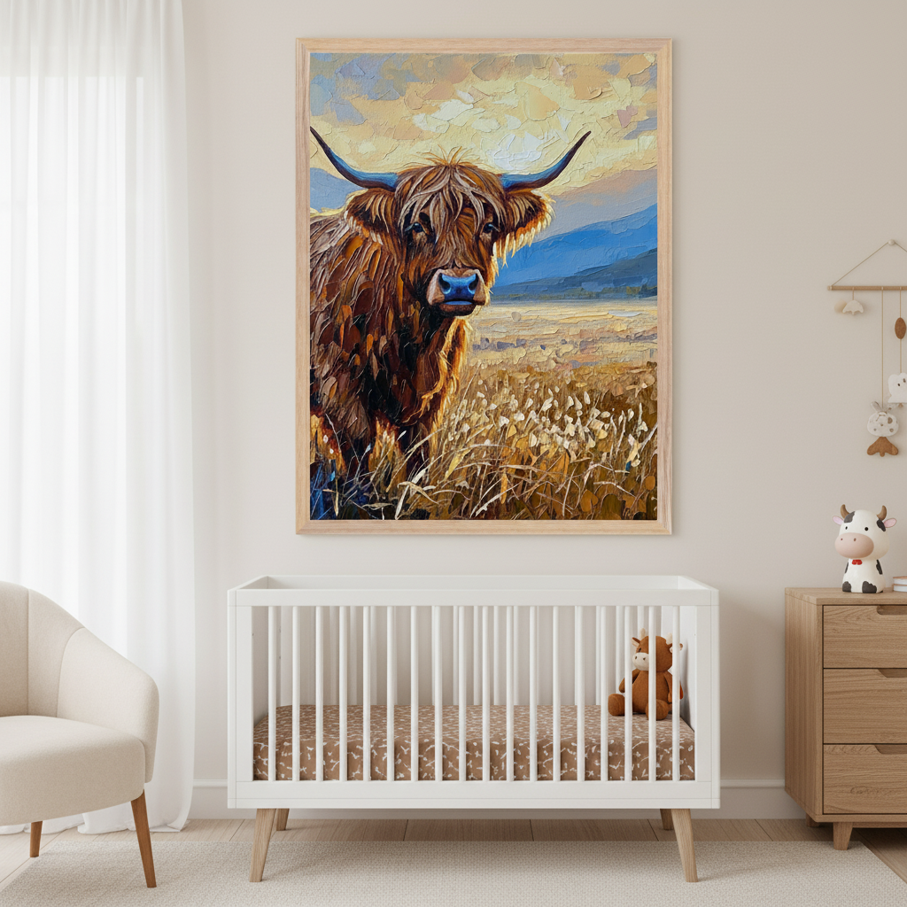 Modern nursery with a white crib, cream armchair, and wooden dresser. A large framed impasto painting of a Highland cow in a field with mountains and a sunset sky hangs above the crib.
