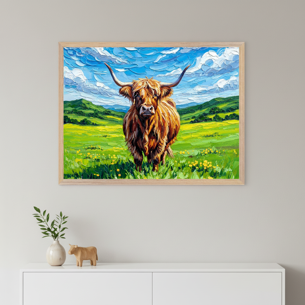 Modern room with a white dresser. A framed impasto painting of a brown Highland cow in a vibrant green and yellow field under a blue sky hangs centered above the dresser. A small vase and wooden cow figurine are on the dresser.
