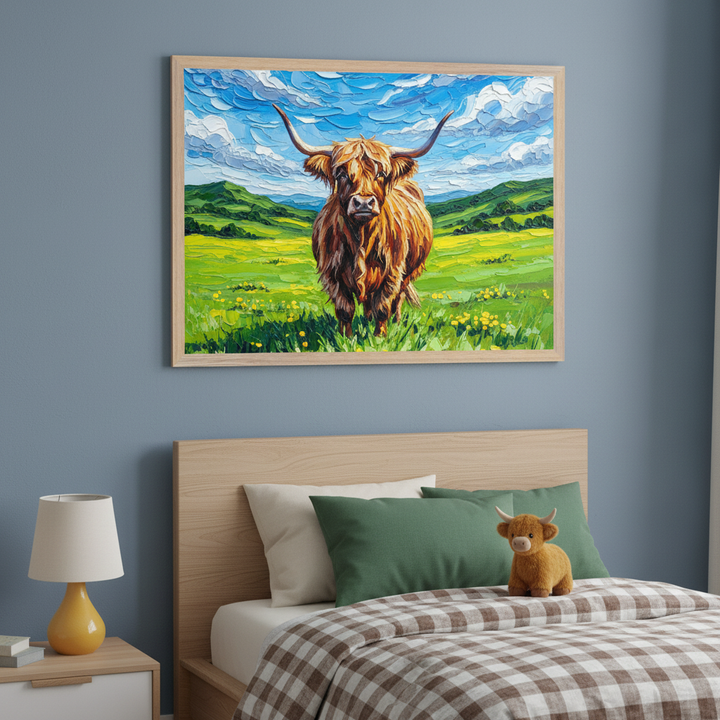 Kid's bedroom with a wooden bed, plaid duvet, and Highland cow plushie. A nightstand with a yellow lamp is on the left. Above the bed hangs a large framed impasto painting of a Highland cow in a grassy field under a blue, cloudy sky.