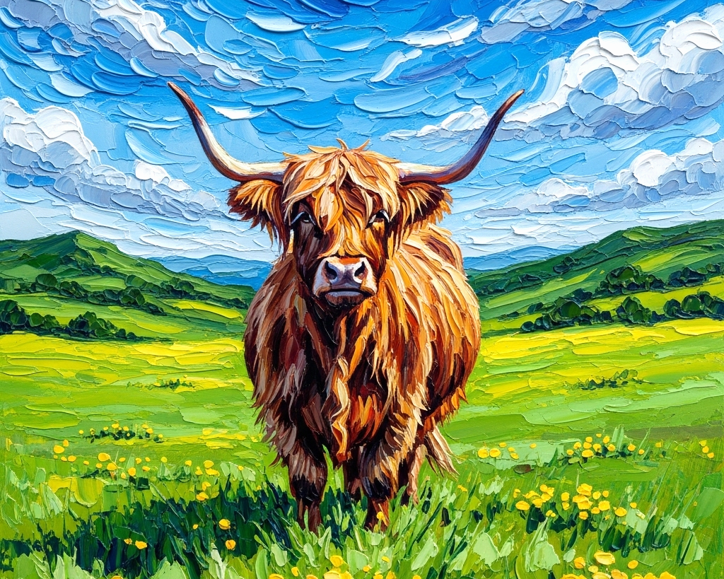 A vibrant painting depicts a Highland cow with long, shaggy fur standing in a lush green field dotted with yellow flowers. The sky is filled with swirling blue and white clouds, and rolling hills stretch into the distance, creating a vivid and dynamic landscape.