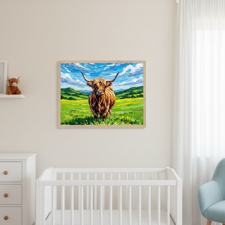 Neutral nursery with a white crib, dresser, and light blue armchair. A framed impasto painting of a brown Highland cow in a green field with a blue sky hangs above the crib. A small stuffed cow sits on a shelf.