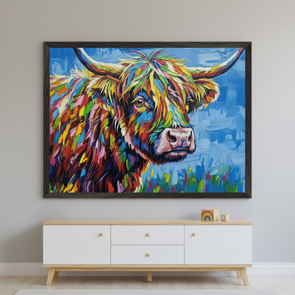Modern kid's room with a white and light wood dresser. A large framed wall art depicting a colorful Highland cow with thick impasto strokes hangs centered above the dresser.