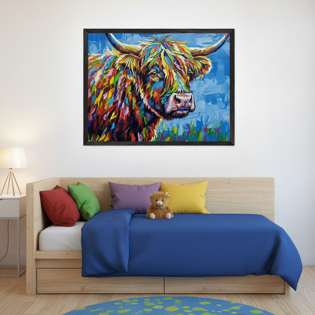 Kid's bedroom featuring a wooden daybed with blue bedding, colorful pillows, and a plush cow. A white side table with a lamp is on the left. A large framed, vibrant, abstract painting of a multi-colored Highland cow hangs centered above the bed.