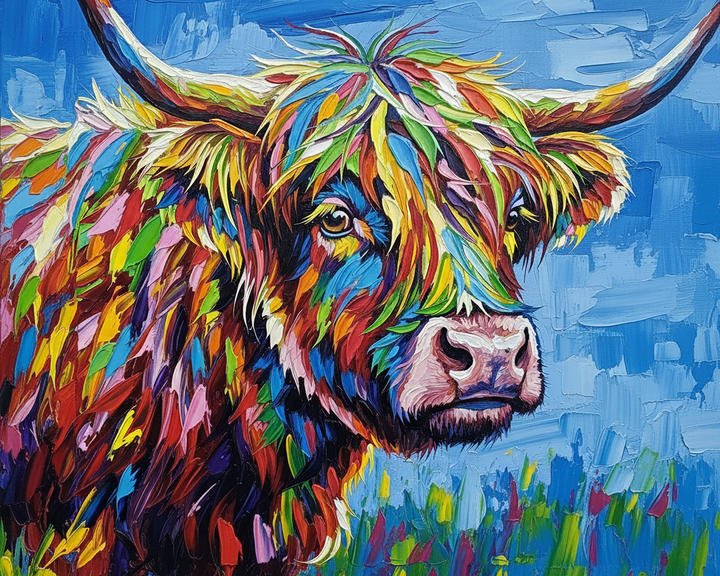 A vibrant painting of a Highland cow, featuring a striking array of colors in its fur, including red, blue, yellow, and green, set against a textured blue background.