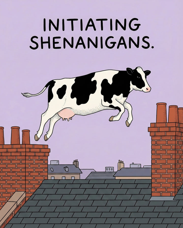 A cartoon-style cow leaps mid-air between two red brick chimneys over rooftops with the caption “Initiating shenanigans.” The scene plays on the absurdity of a cow in an urban setting against a light purple sky.
