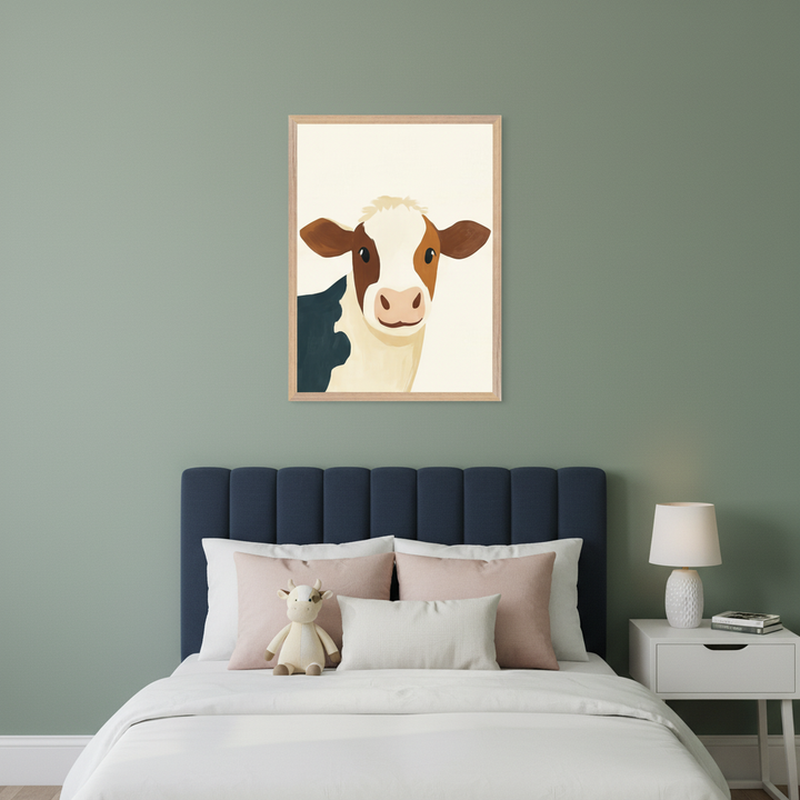 Kid's bedroom with a navy upholstered bed against a sage green wall. A white nightstand with a lamp is on the right. A framed, minimalist illustration of a friendly brown, white, and blue cow hangs centered above the bed.