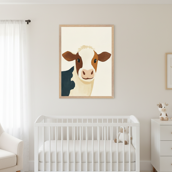 Modern nursery with a white crib. Above it hangs a light wood framed illustration of a brown and white calf. A white dresser with a cow plush and a white armchair are also visible.