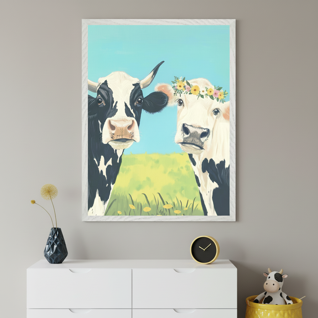 Modern room with a white dresser. A large framed painting of a horned black and white cow and a white cow with a flower crown in a green field hangs centered above the dresser. A black clock and a cow plushie in a yellow bin are on the dresser.