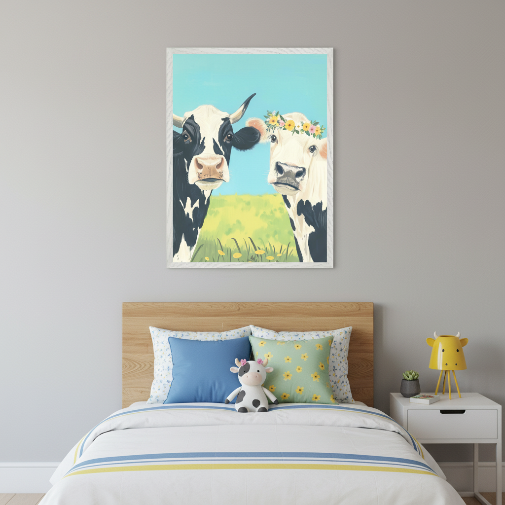 Kid's bedroom with a wooden bed and white bedding. A framed illustrative print of two cows, one wearing a flower crown, in a green field under a blue sky, hangs centered above the bed. The bed has blue and green pillows and a cow plushie. A white nightstand holds a yellow cow lamp.
