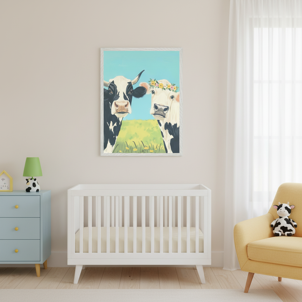 Modern nursery with a white crib, light blue dresser, and yellow armchair. A framed painting of two cows, one with horns and one with a flower crown, in a green field under a blue sky, hangs centered above the crib.