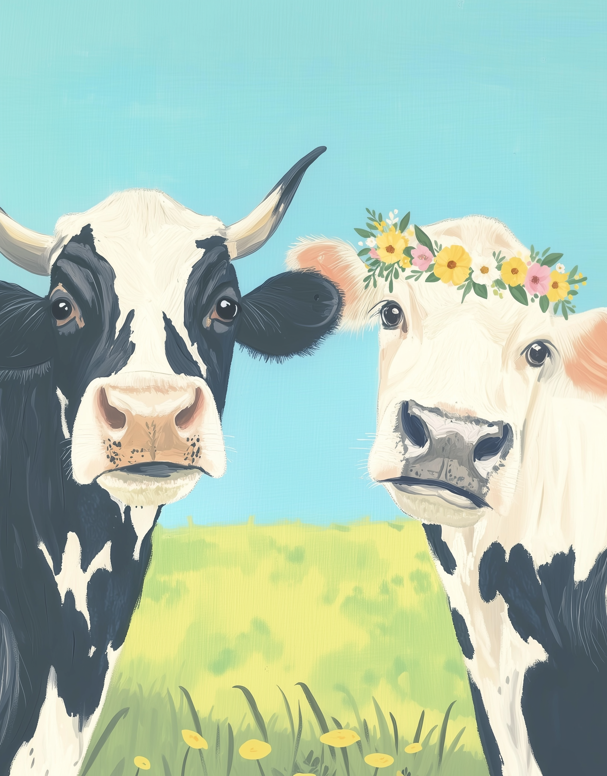 Two illustrated cows stand in a grassy field under a clear blue sky; one wears a colorful flower crown, adding a playful touch.