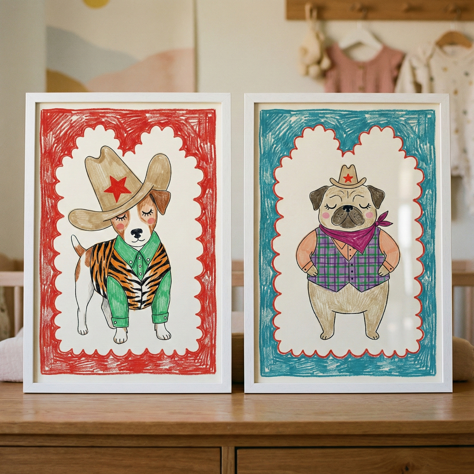 Two framed illustrations sit on a wooden dresser, featuring cartoon dogs dressed as cowboys with red and blue hand drawn style borders. One dog wears a tan cowboy hat with a red star, green shirt, and tiger print vest, while the other wears a small cowboy hat, purple vest, and pink bandana.
