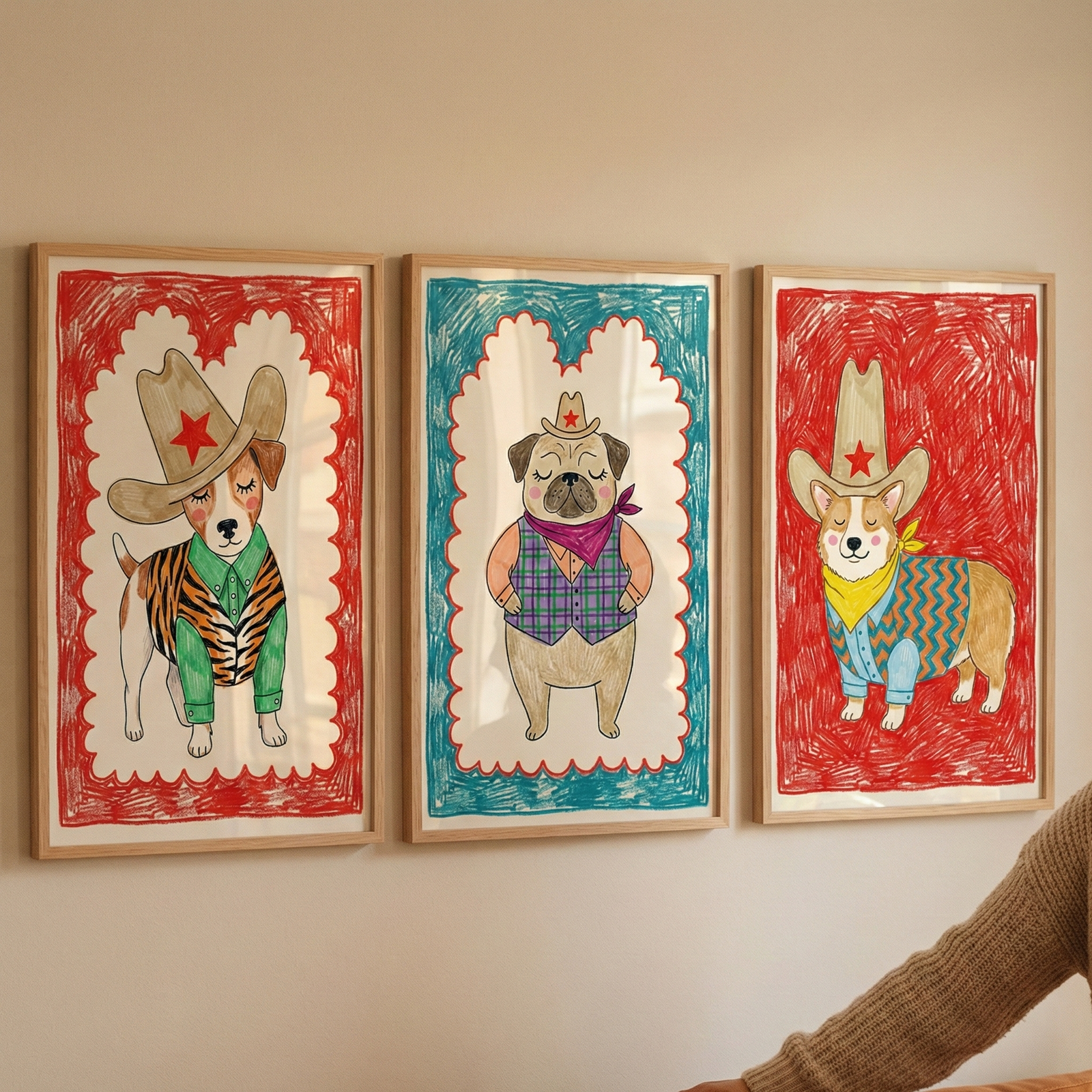 Three framed cowboy dog illustrations hang side by side on a neutral wall, each surrounded by bold crayon style red or teal borders. The dogs wear western outfits including star covered cowboy hats, bandanas, plaid vests, and patterned jackets with their eyes gently closed.