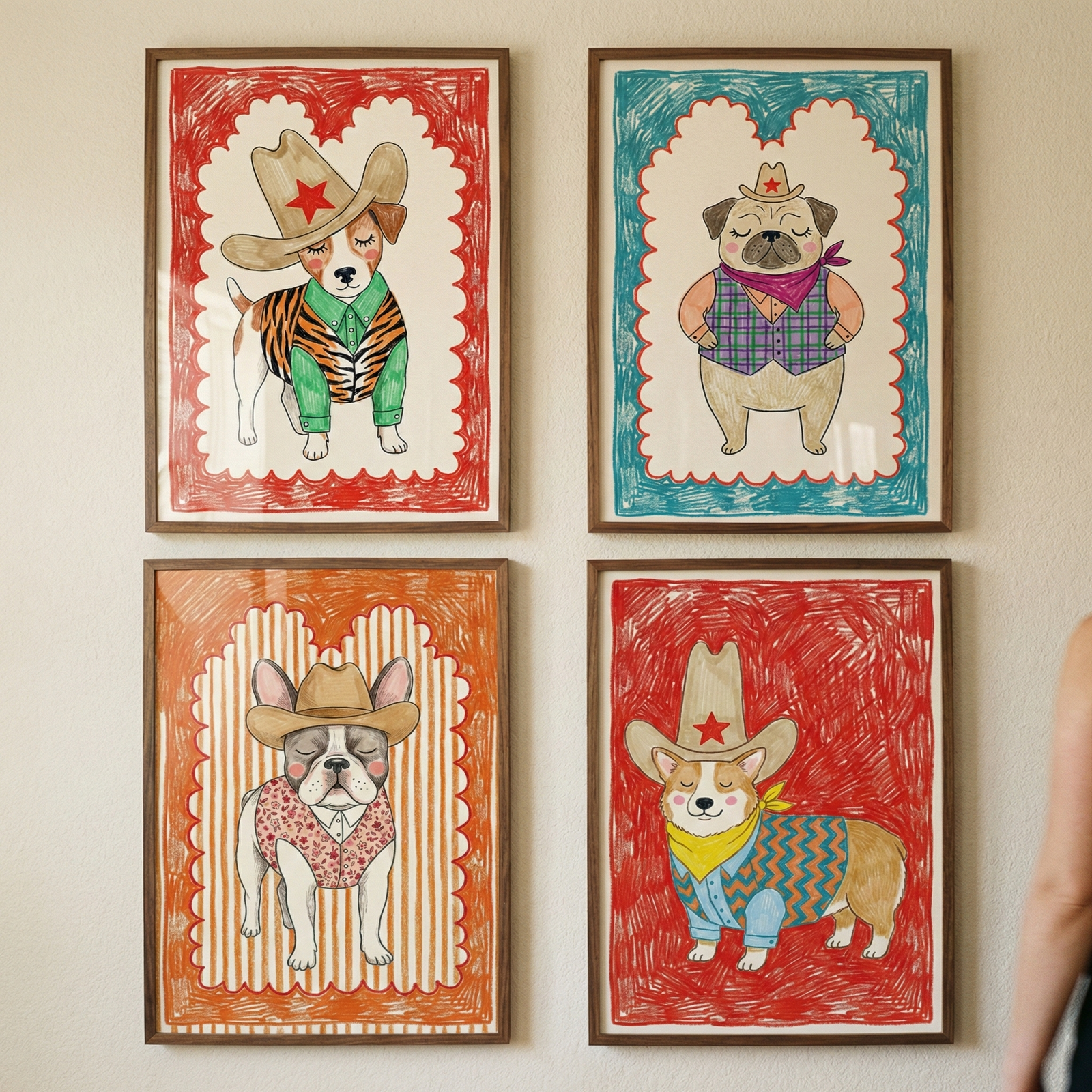 Four framed cowboy dog illustrations arranged in a grid on a wall, each with bold red, blue, or orange crayon style borders. The dogs wear western outfits including star covered cowboy hats, plaid or floral vests, bandanas, and patterned shirts with eyes gently closed.
