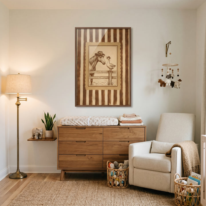Nursery featuring a wooden dresser, white chair, and cowboy horse and goose wall art on a neutral wall.