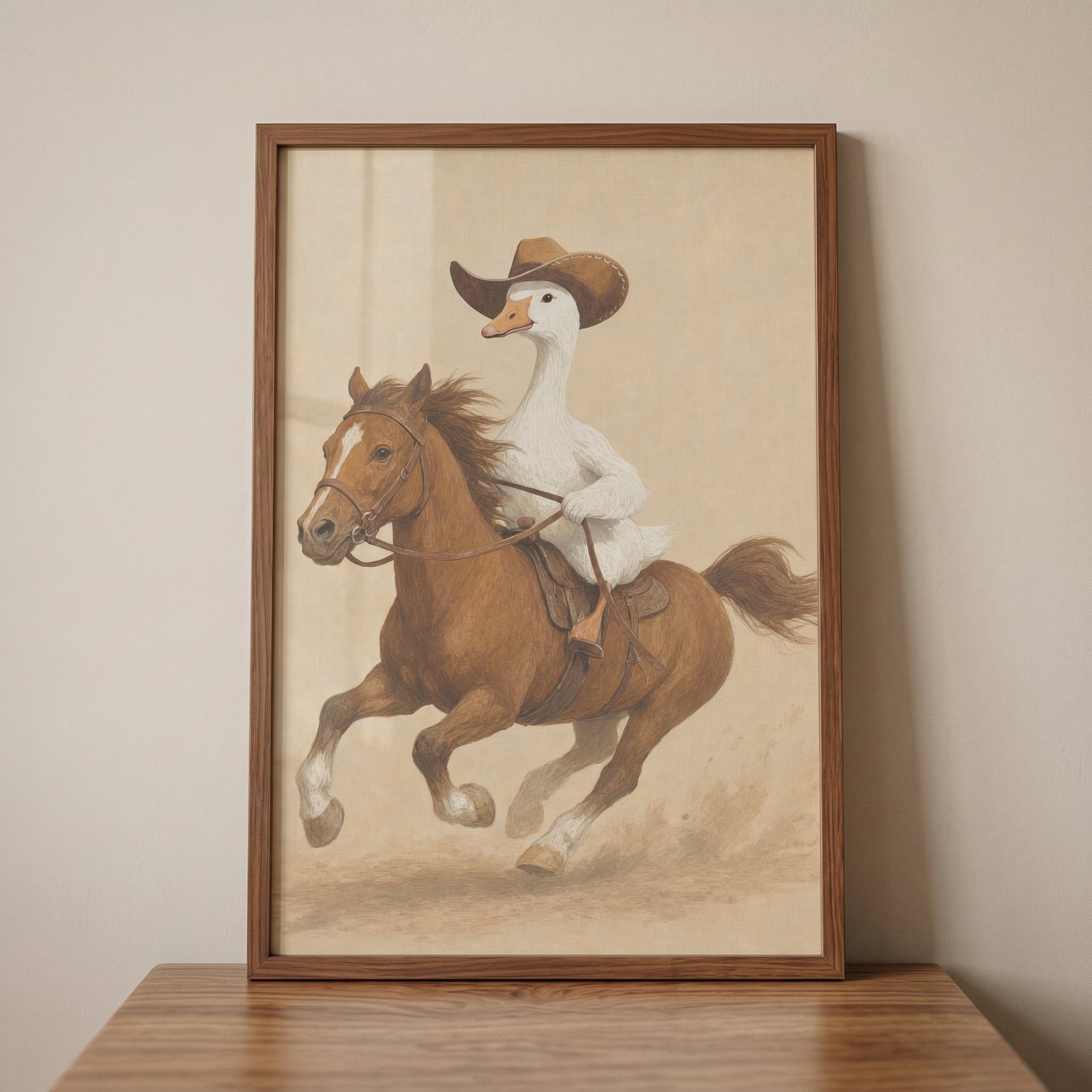 Framed cowboy horse riding goose wall art depicting a white goose in a brown hat riding a galloping brown horse.