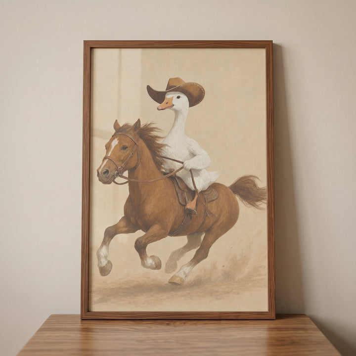 Framed cowboy horse riding goose wall art depicting a white goose in a brown hat riding a galloping brown horse.