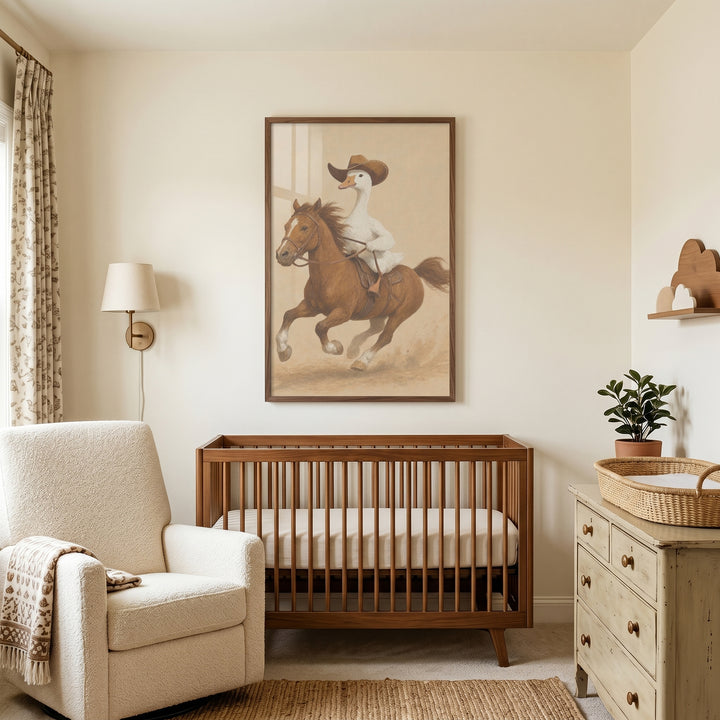 Neutral nursery featuring a wooden crib, armchair, dresser, and framed cowboy horse riding goose wall art.