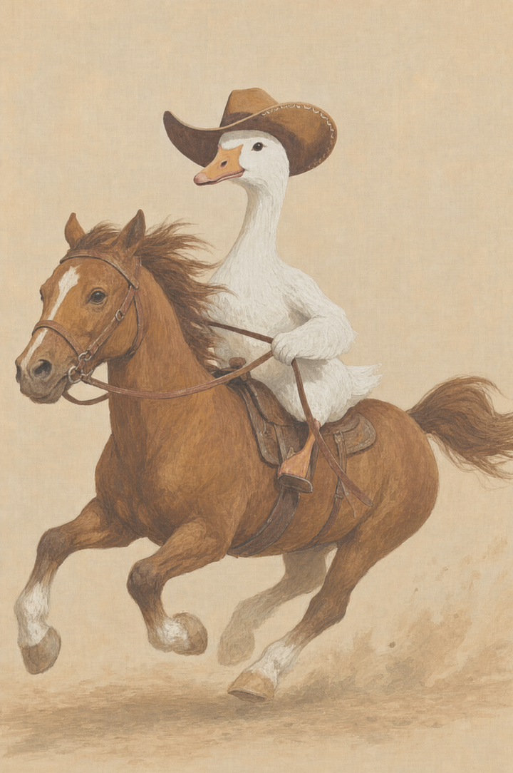 A white goose wearing a cowboy hat rides a galloping brown horse in this cowboy horse riding goose wall art.