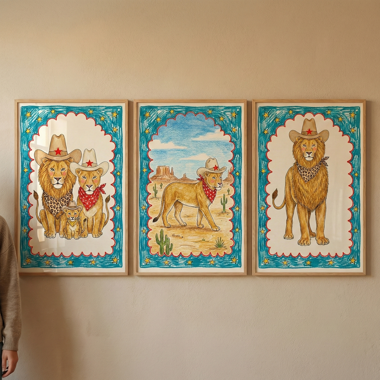 Three framed illustrations of lions in a western theme hang on a wall. The left piece shows a lion family wearing cowboy hats and bandanas. The center piece depicts a lioness in a desert landscape with cacti. The right piece features a standing male lion with a cowboy hat. All three are set inside a white scalloped border and a blue background with stars, held in light wooden frames. Part of a person’s arm and sweater is seen on the left side of the frame.