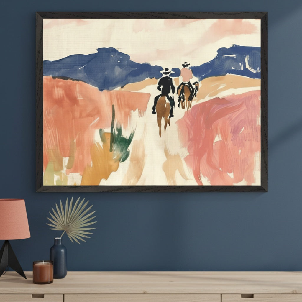 Modern living room with a light wood dresser. A large framed abstract watercolor painting hangs centered above the dresser, depicting three cowboys on horseback in a desert landscape with mountains, rendered in blue, orange, and cream.