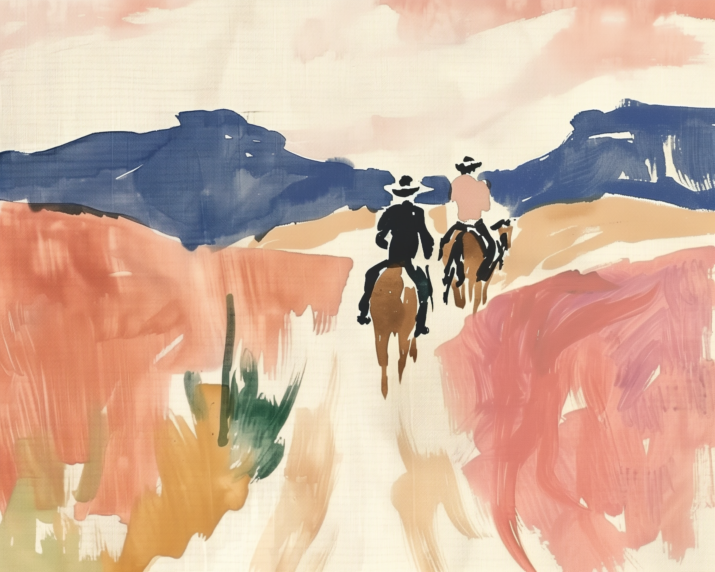 Two figures on horseback ride along a winding path through an abstract landscape of soft pinks, blues, and earthy tones, with a distant mountain range in the background under a pastel sky.