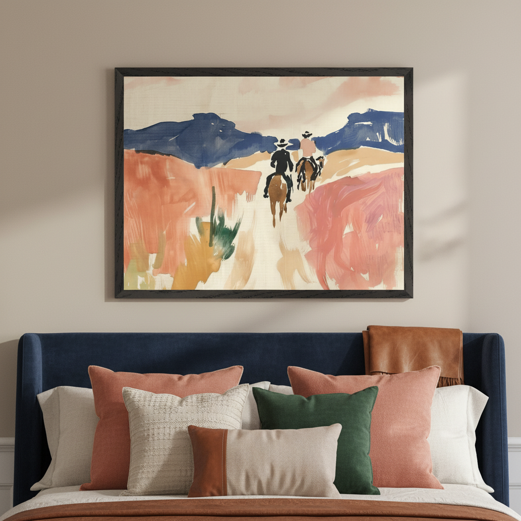 Modern bedroom with a blue upholstered bed. A large framed painting hangs above the headboard, depicting three figures on horseback in a desert landscape with mountains, rendered in an impressionistic, painterly style with earthy and coral tones.