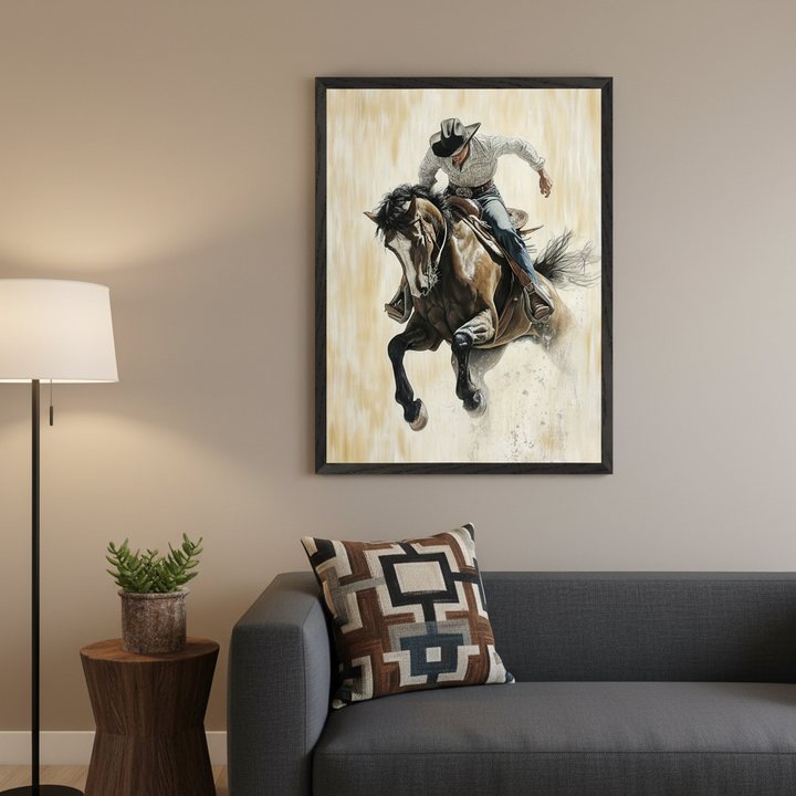 Modern living room with a gray sofa, floor lamp, and a wooden side table. A large framed painting of a cowboy on a bucking horse in a dynamic, painterly style hangs above the right side of the sofa.