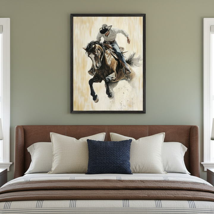Bedroom with a brown leather headboard bed. Large framed wall art, a painting of a cowboy on a bucking horse, hangs centered above the bed.