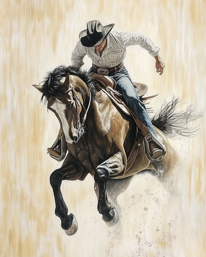 Realistic painting of a cowboy in a black hat and plaid shirt riding a bucking horse mid-jump, with dust kicking up beneath them. The intense motion and dynamic angle highlight the power of the horse and the rider’s grip and control.