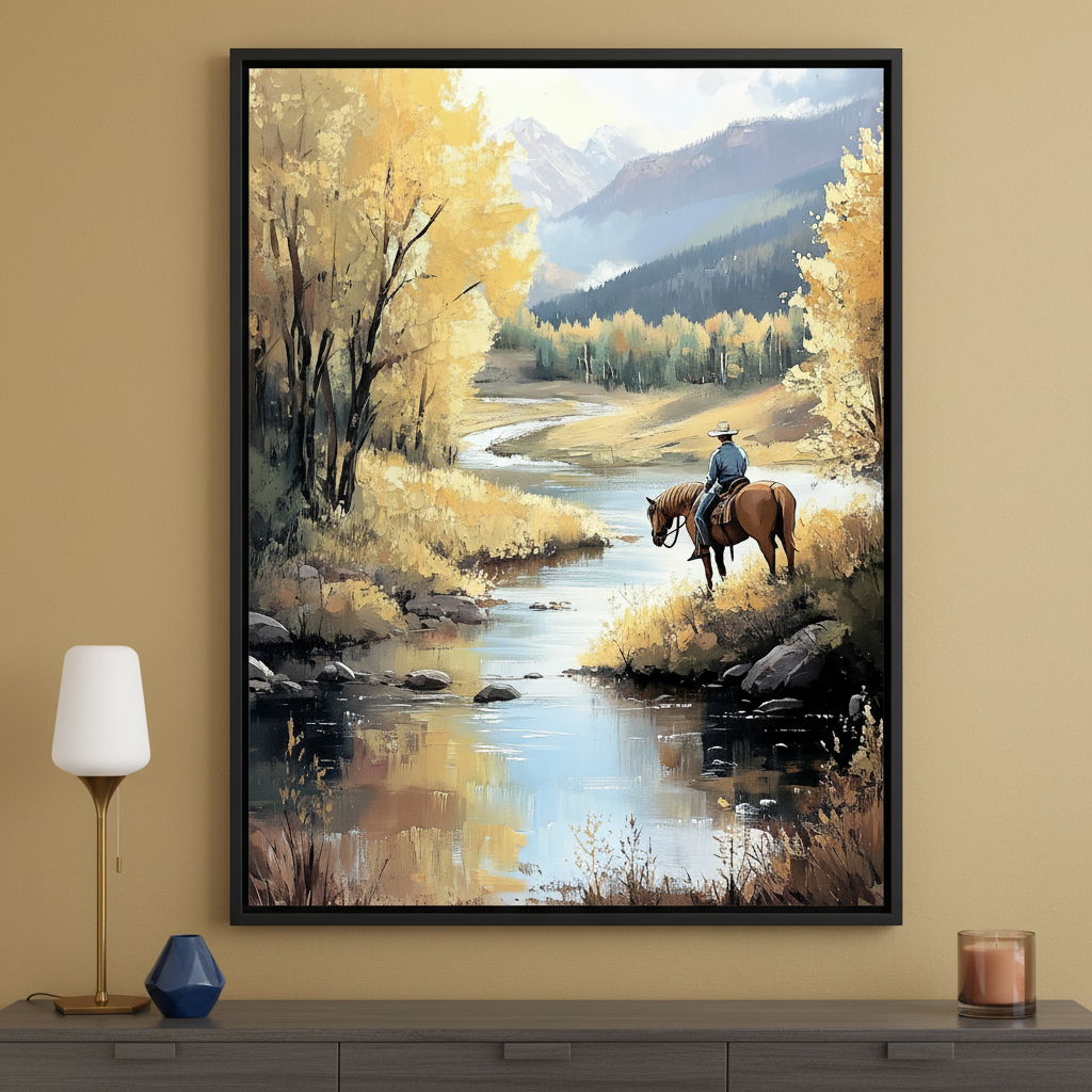 Modern room with a dark gray dresser. A large, black-framed landscape painting hangs above the dresser, depicting a winding river, golden autumn trees, distant mountains, and a person on horseback by the water, in an oil painting style.