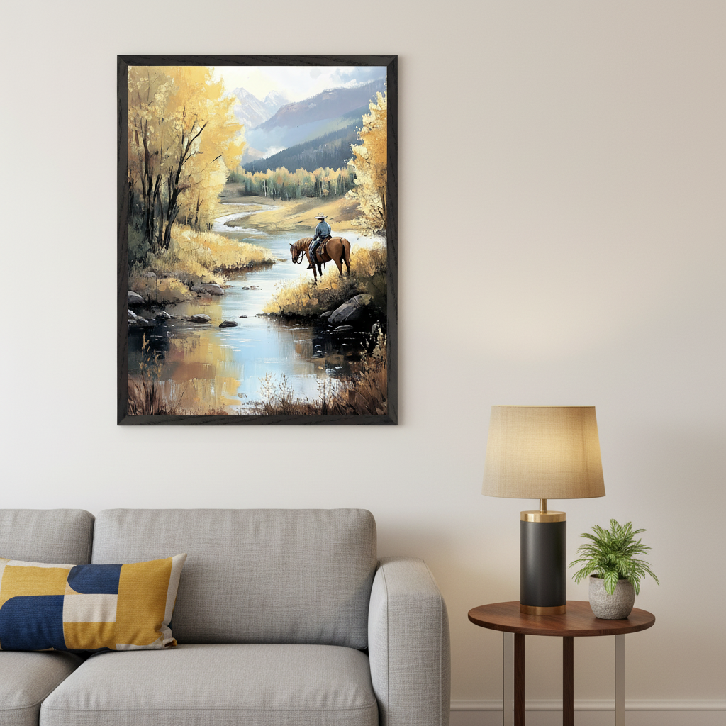 Living room with a gray sofa. A large framed painting hangs above the left side of the sofa, depicting a cowboy on a horse by a river surrounded by golden autumn trees and distant mountains, in a painterly style. A lamp and potted plant are on a side table to the right.