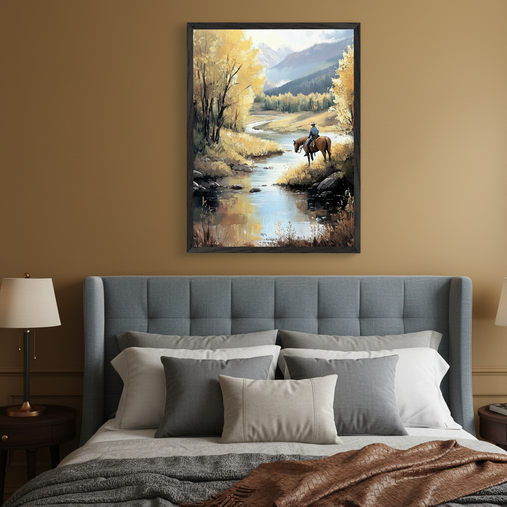 Modern bedroom with a gray upholstered bed. A large framed painting hangs above the bed. The artwork depicts a scenic autumn landscape with a river, golden trees, mountains, and a person on horseback in the water, rendered in a painterly style.