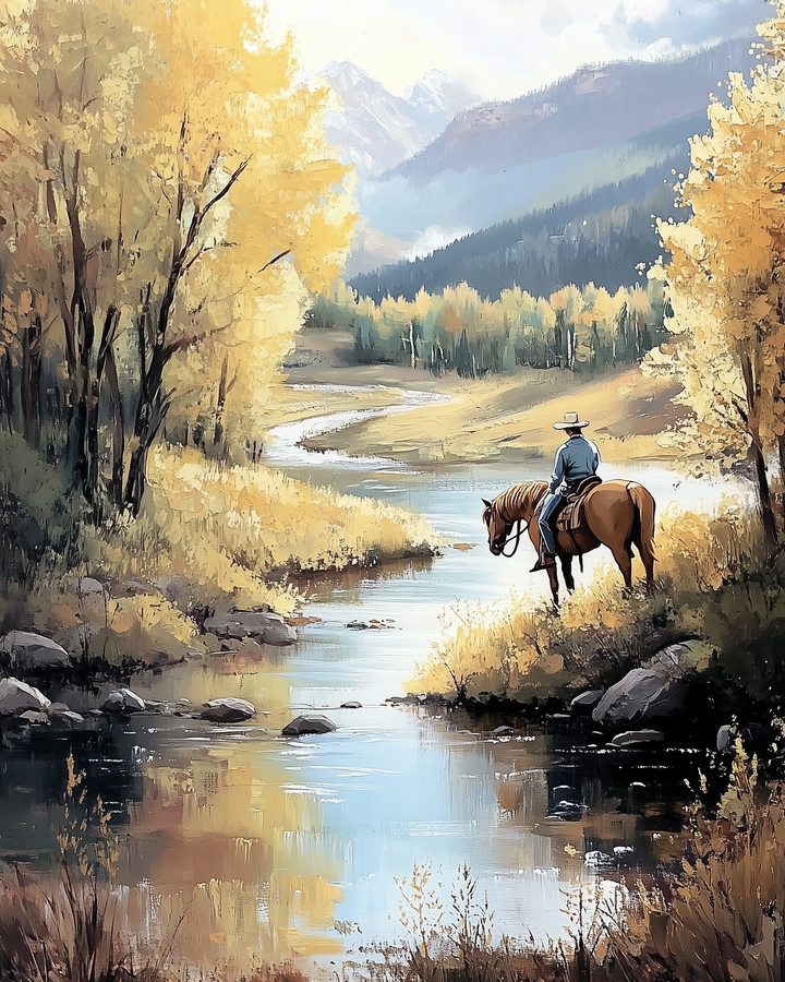 Peaceful landscape painting of a cowboy on horseback gazing across a reflective river, surrounded by golden autumn trees and distant snow-capped mountains. The warm light and tranquil scene evoke a sense of solitude and connection with nature.