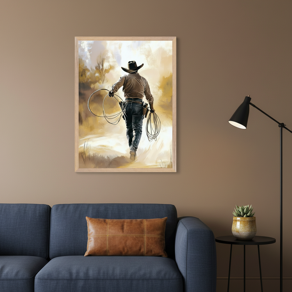 Modern living room with a dark blue sofa and a brown leather pillow. A vertical framed painting of a cowboy walking away with ropes, set against abstract warm-toned brushstrokes, hangs above the sofa. A black floor lamp and side table with a succulent are on the right.