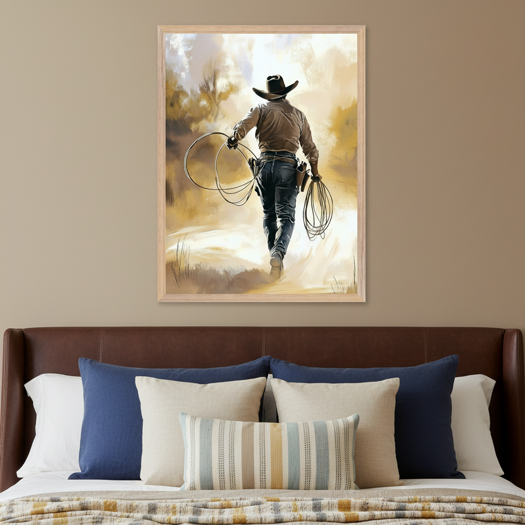Bedroom with a brown leather headboard bed. A framed painting of a cowboy walking away, holding ropes, in an impressionistic style with warm, earthy tones, hangs centered above the bed.