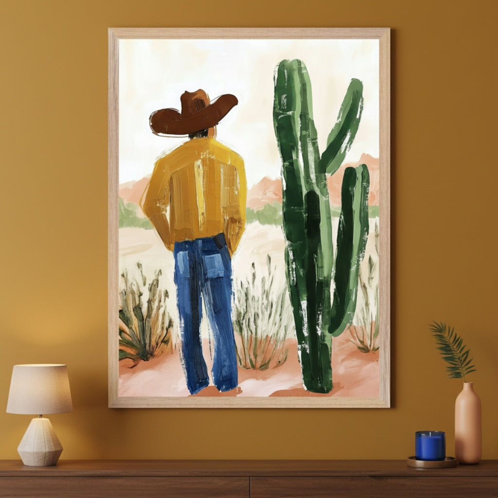 Modern room with a mustard wall and a dark wood console table. A large framed painting hangs centered above the table, depicting a man in a cowboy hat and yellow shirt standing in a desert landscape next to a large cactus, rendered in a brushstroke style.
