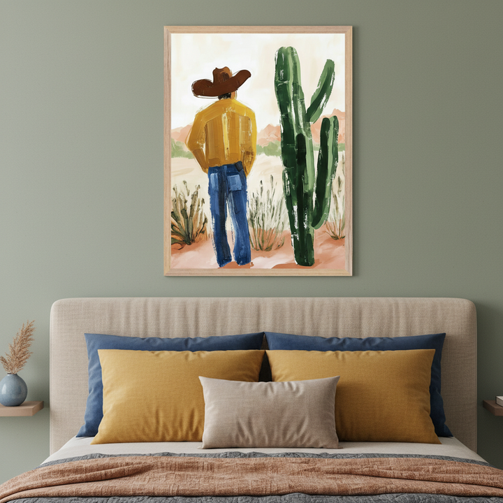 Bedroom with a sage green wall and beige upholstered bed. A framed painting of a cowboy and cactus in a desert, in a brushstroke style, hangs above the bed.
