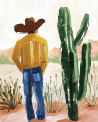Colorful, textured painting of a cowboy standing next to a tall cactus in a desert landscape, wearing a wide-brimmed brown hat, mustard yellow shirt, and blue jeans. The soft, abstract background features desert plants and distant pink mountains under a pale sky.