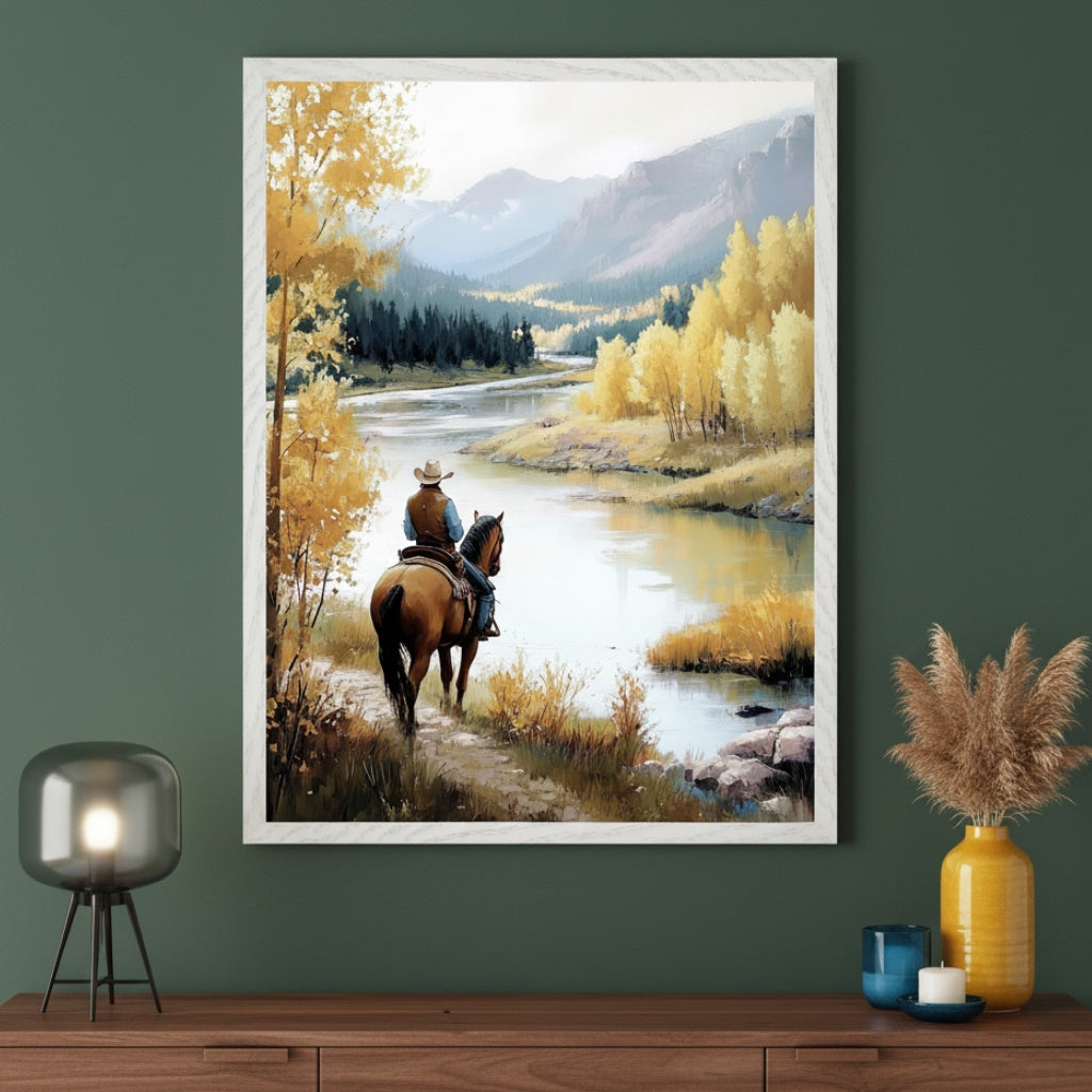 Modern room with a dark wood credenza against a dark green wall. A large framed realistic painting of a cowboy on horseback by a river with golden autumn trees and mountains hangs centered above the credenza.