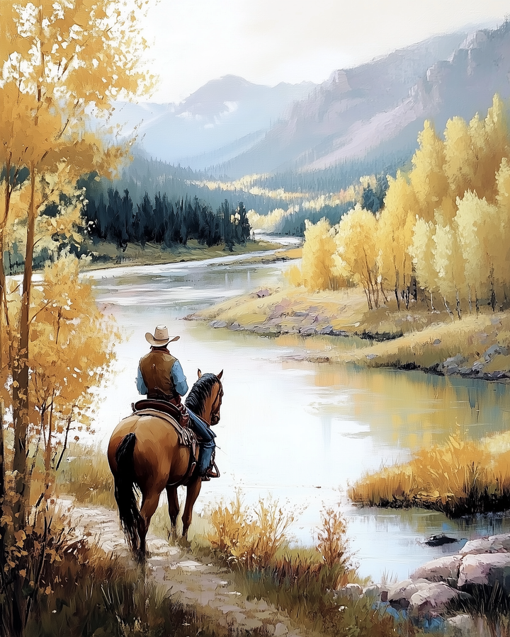 Peaceful landscape painting of a cowboy on horseback overlooking a winding river, surrounded by golden autumn trees and distant blue mountains. The scene captures a quiet moment in nature, with soft light and rich colors evoking the calm of the wilderness.