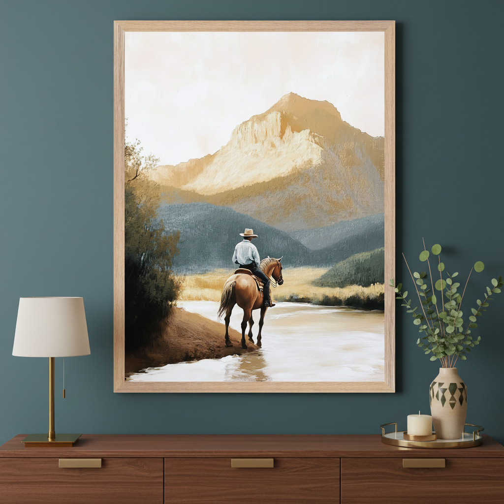 Modern living room with a wooden dresser. A large framed painting of a cowboy on horseback wading in a river at the base of sunlit mountains hangs centered above the dresser. A lamp and a potted plant are on the dresser.
