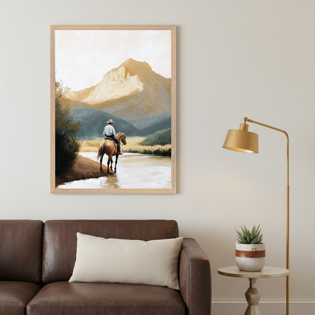 Living room with a brown leather sofa and a gold floor lamp. A large framed painting of a cowboy on a horse in a river, backed by mountains, hangs above the sofa. A light rectangular pillow is on the sofa.
