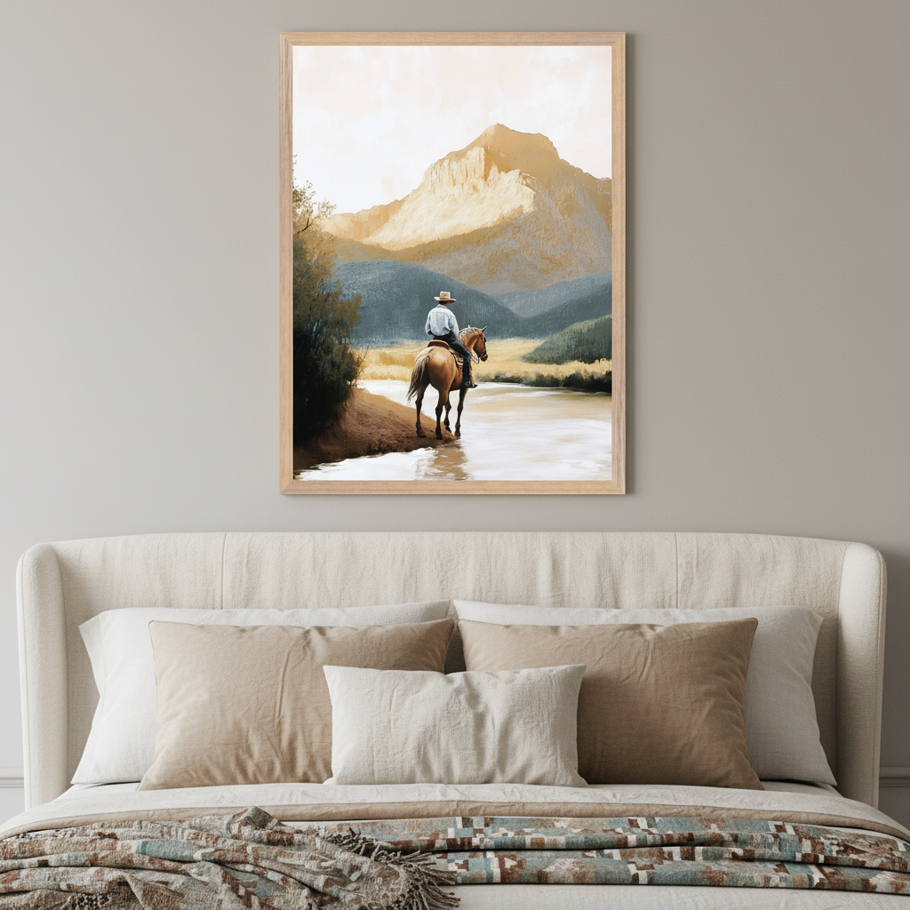 Modern bedroom with a light beige upholstered bed. A framed landscape painting depicting a cowboy on horseback crossing a river in front of sunlit mountains hangs above the bed.