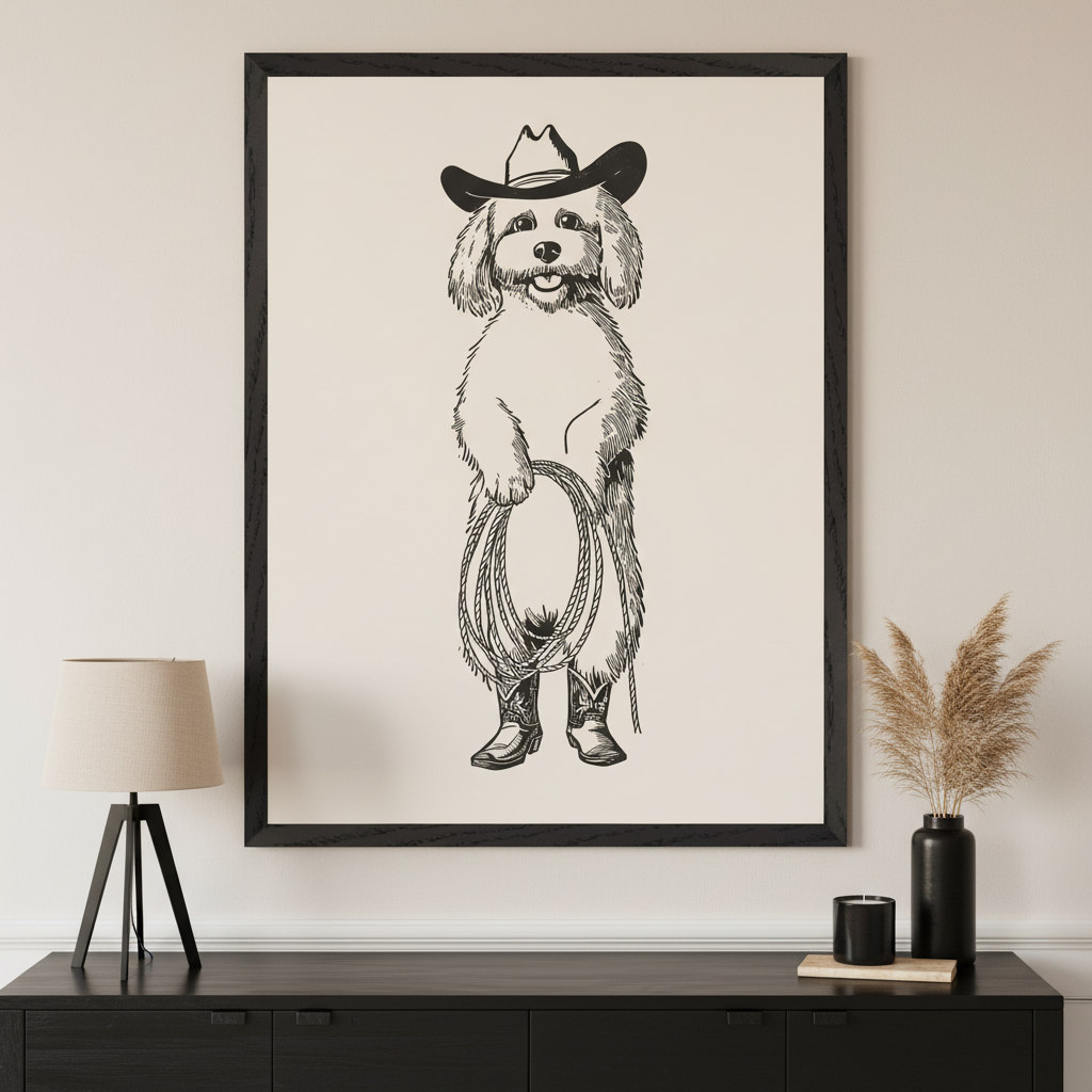 Modern room with a black console table. A large, black-framed print of a black and white line drawing of a fluffy dog in a cowboy hat and boots holding a lasso hangs centered above the console.