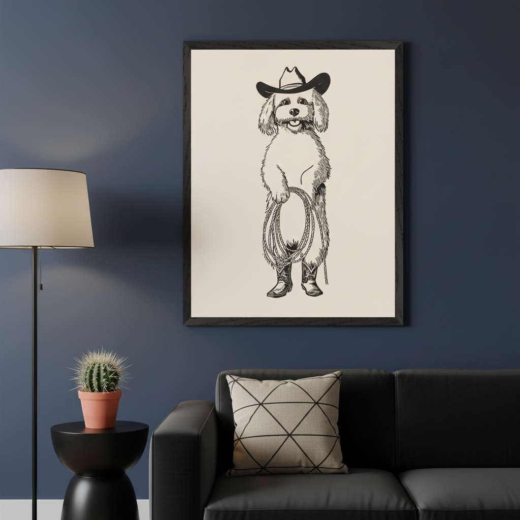 Modern living room with a black leather sofa and side table. A large framed drawing of a smiling white dog in a cowboy hat and boots, holding a lasso, hangs centered above the sofa.