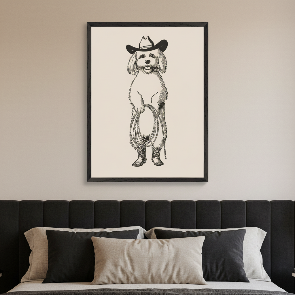 Modern bedroom with a black upholstered bed. Above the bed hangs a framed black and white line drawing of a dog in a cowboy hat and boots holding a lasso.
