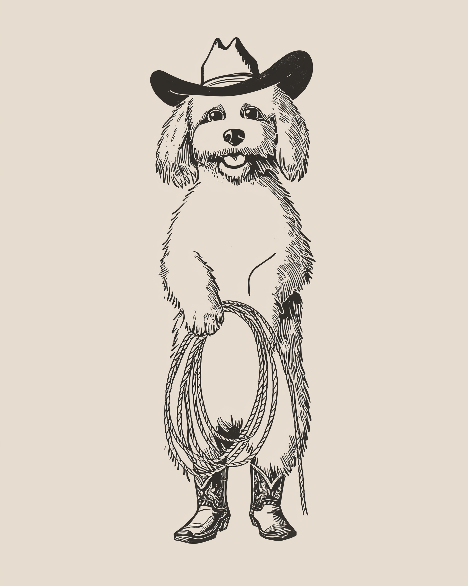 Black and white vintage-style sketch of a fluffy dog dressed as a cowboy, wearing a hat and boots while holding a coiled rope.