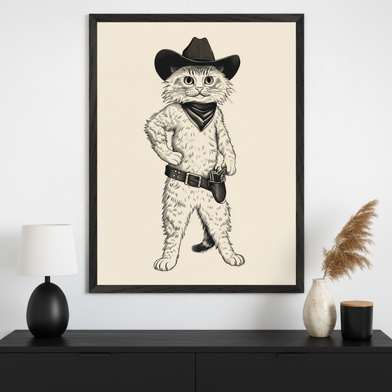 Modern room with a black dresser. A large framed print of a black and white drawing of a cowboy cat with a hat, bandana, and pistol holster hangs above the dresser.