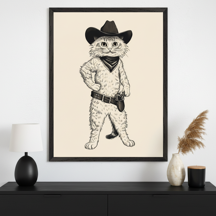 Modern room with a black dresser. A large framed print of a black and white drawing of a cowboy cat with a hat, bandana, and pistol holster hangs above the dresser.